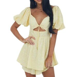 Hudson Gray Yellow Gingham Daisy Floral Puff Sleeve Tie Babydoll Romper Dress